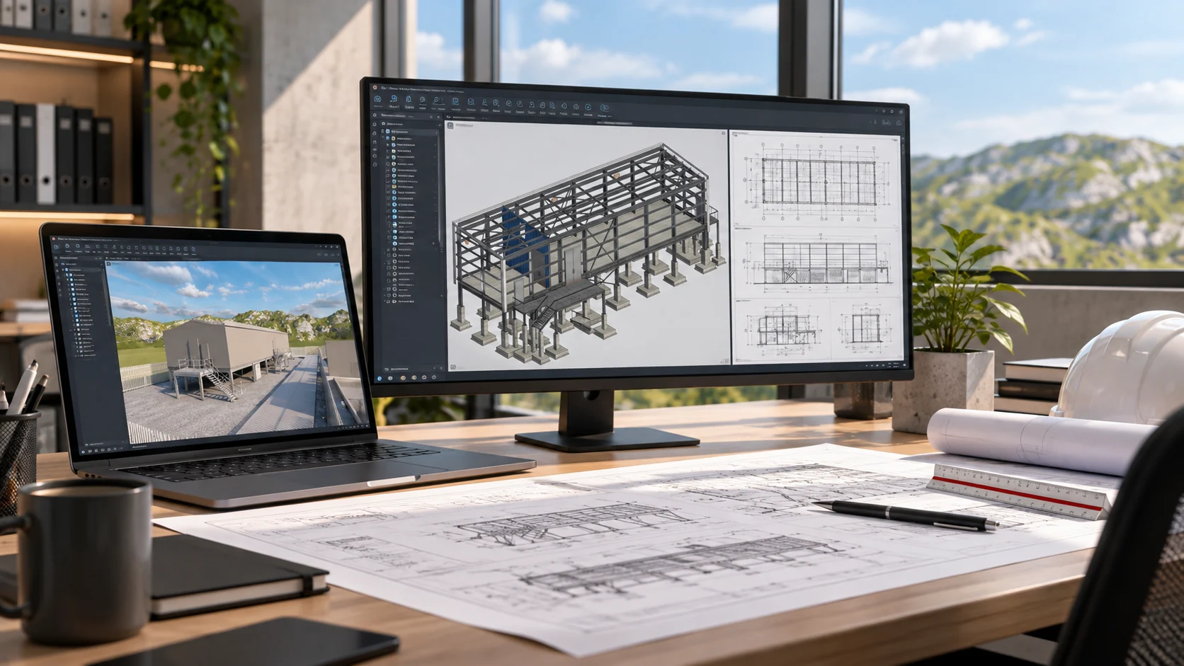 Digital engineering workspace with a structural BIM model and technical drawings