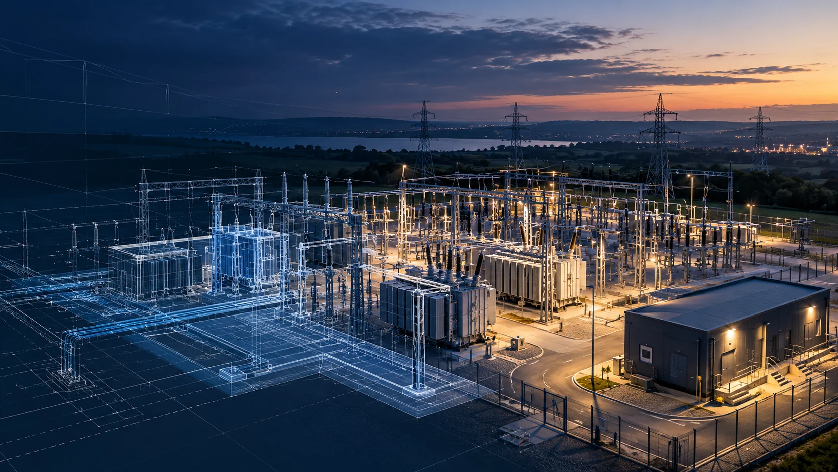 Electrical substation at dusk with a digital infrastructure model overlay