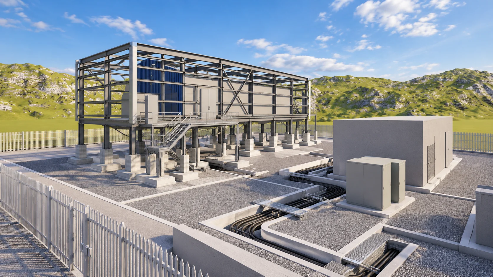 Steel-framed infrastructure enclosure with associated civil works and equipment structures
